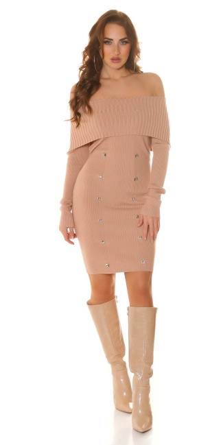 off-shoulder Knit Dress with Studs Brown